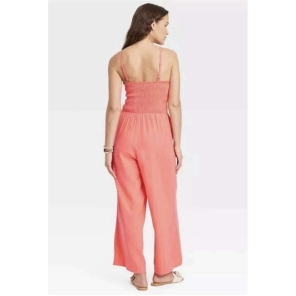 Women's Smocked Linen Maxi Jumpsuit Coral Pink Size XS New With Tags - Picture 2 of 5